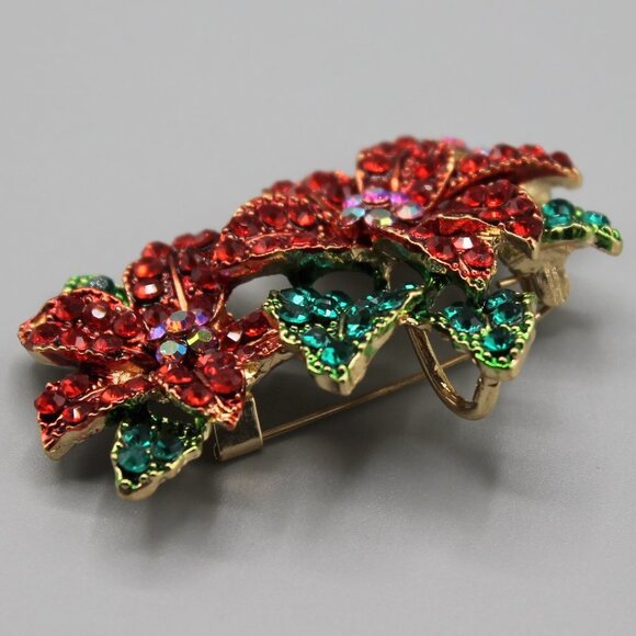 Poinsettia flower pin brooch jewelry Holidays Christmas yellow gold red green - Picture 5 of 11